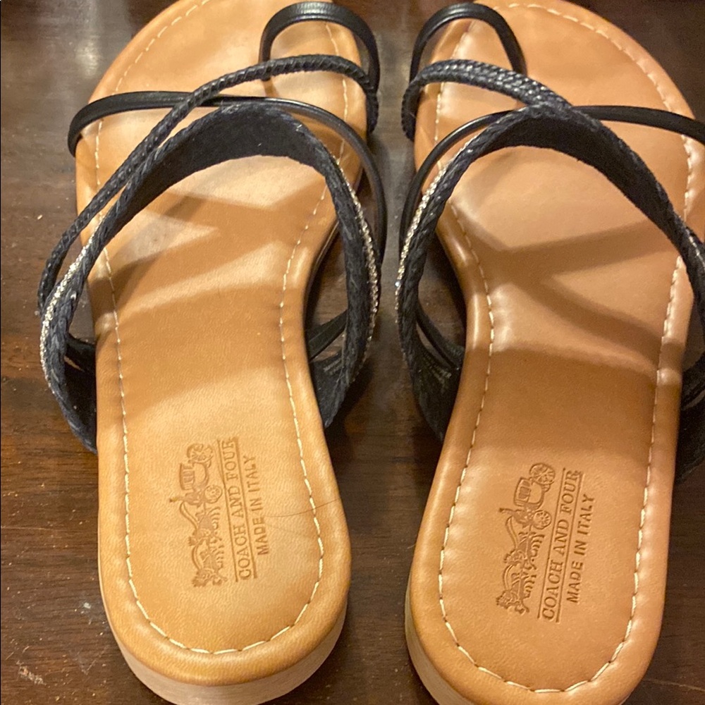 Dark Blue and Tan Sandals with Crisscross Straps - Picture 3 of 5